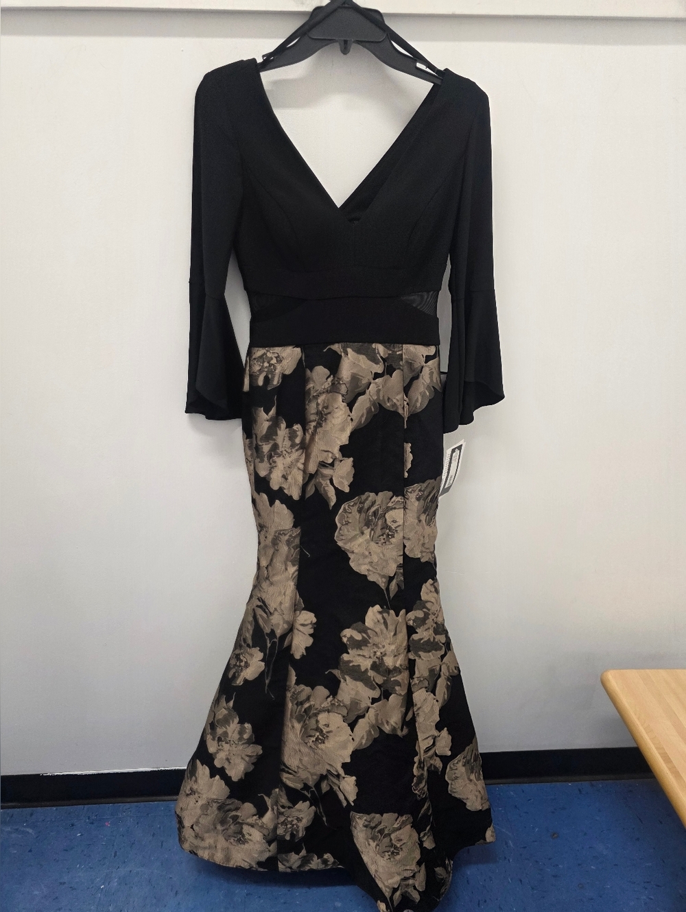 Xscape Black and Taupe Floral Jacquard Evening Dress